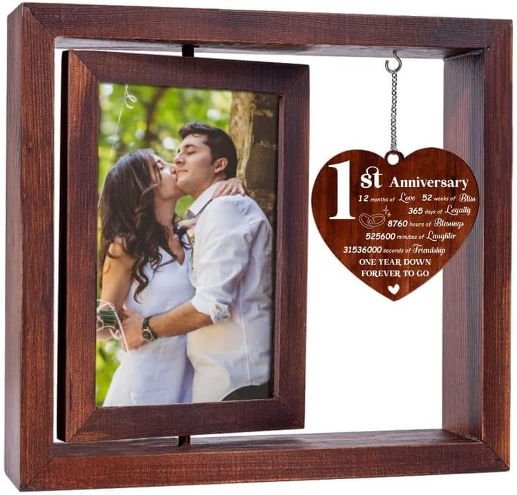1st Anniversary Wedding Gift for Couple - 4x6 Rotating Picture Frame, Romantic Marriage Present for Wife/Husband, Sturdy Wood Frame - Image 2