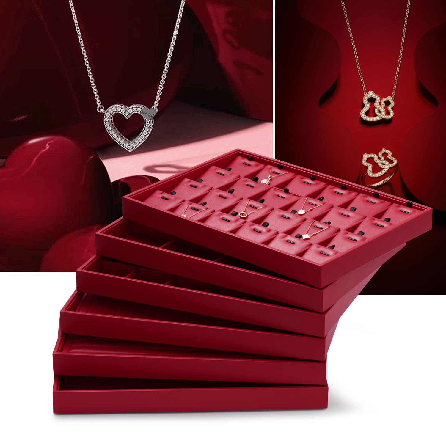 plateau à bijoux empilable en cuir, rangement de bijoux tiroir insert à bijoux organisateur présentoir à bijoux, 35x24x3cm (rouge vin)