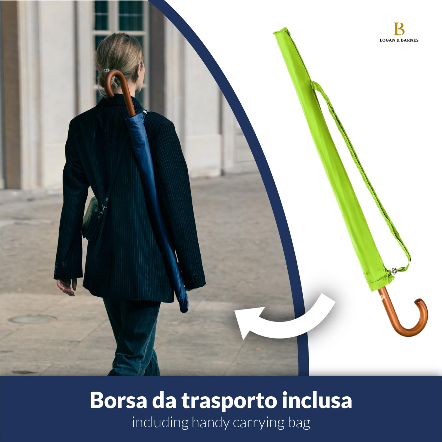 LOGAN & BARNES Ombrello da pioggia antivento Ø120 cm con impugnatura in vero legno di alta qualità e puntale in gomma silenzioso – Ombrello XXL grande con 16 stecche – Modello EDINBURGH