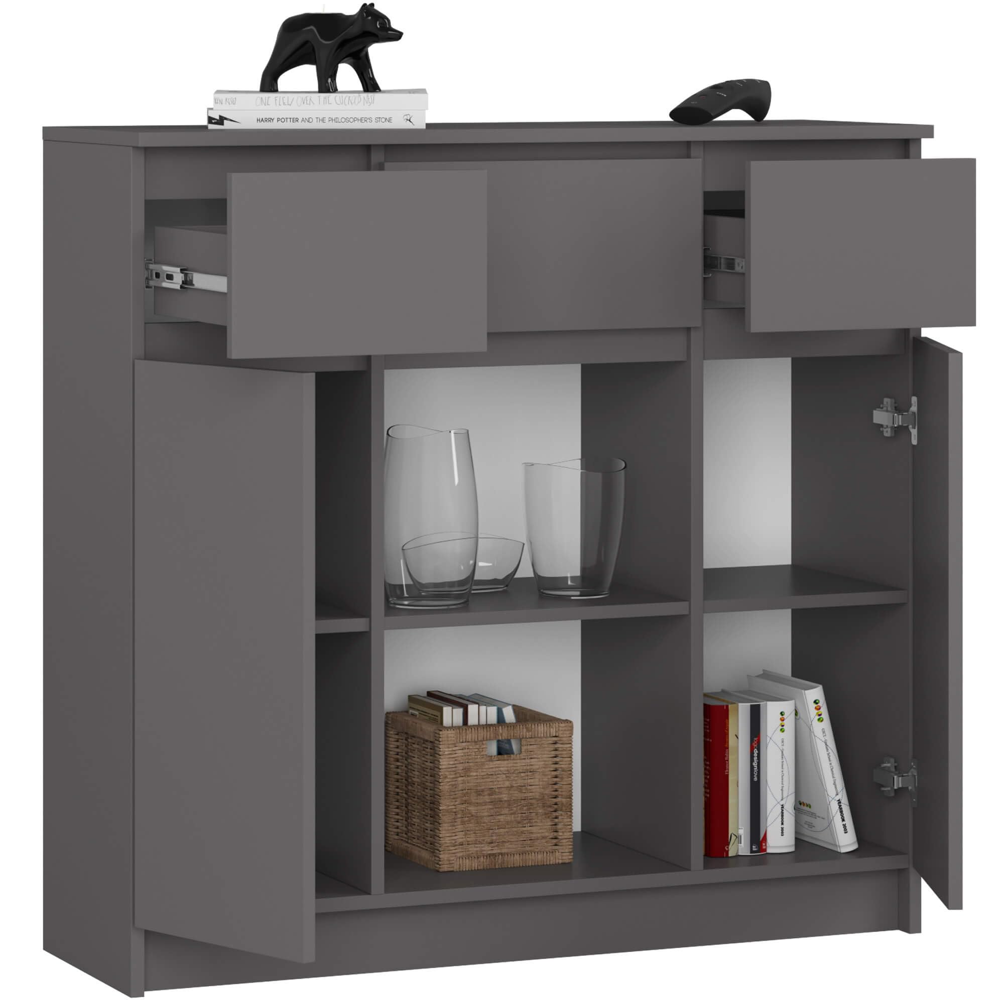 AKORD Cassettiera K100 con 2 Ante e 3 Cassetti 1 Scaffale | Mobiletti Ingresso Bagno | Armadio Cameretta | Comodino | Design moderno | 35x98x101 cm | Grigio Grafite