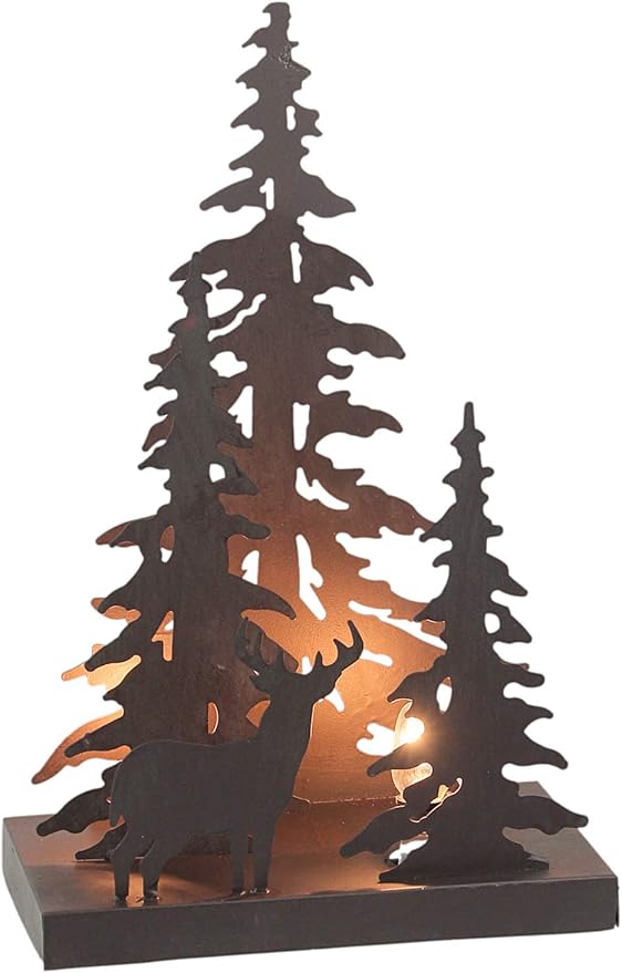 Leon Collection Rustic Brown Finished Metal Solo Buck Deer in Forest Silhouette Ambient Light Accent Lamp Lodge Decor