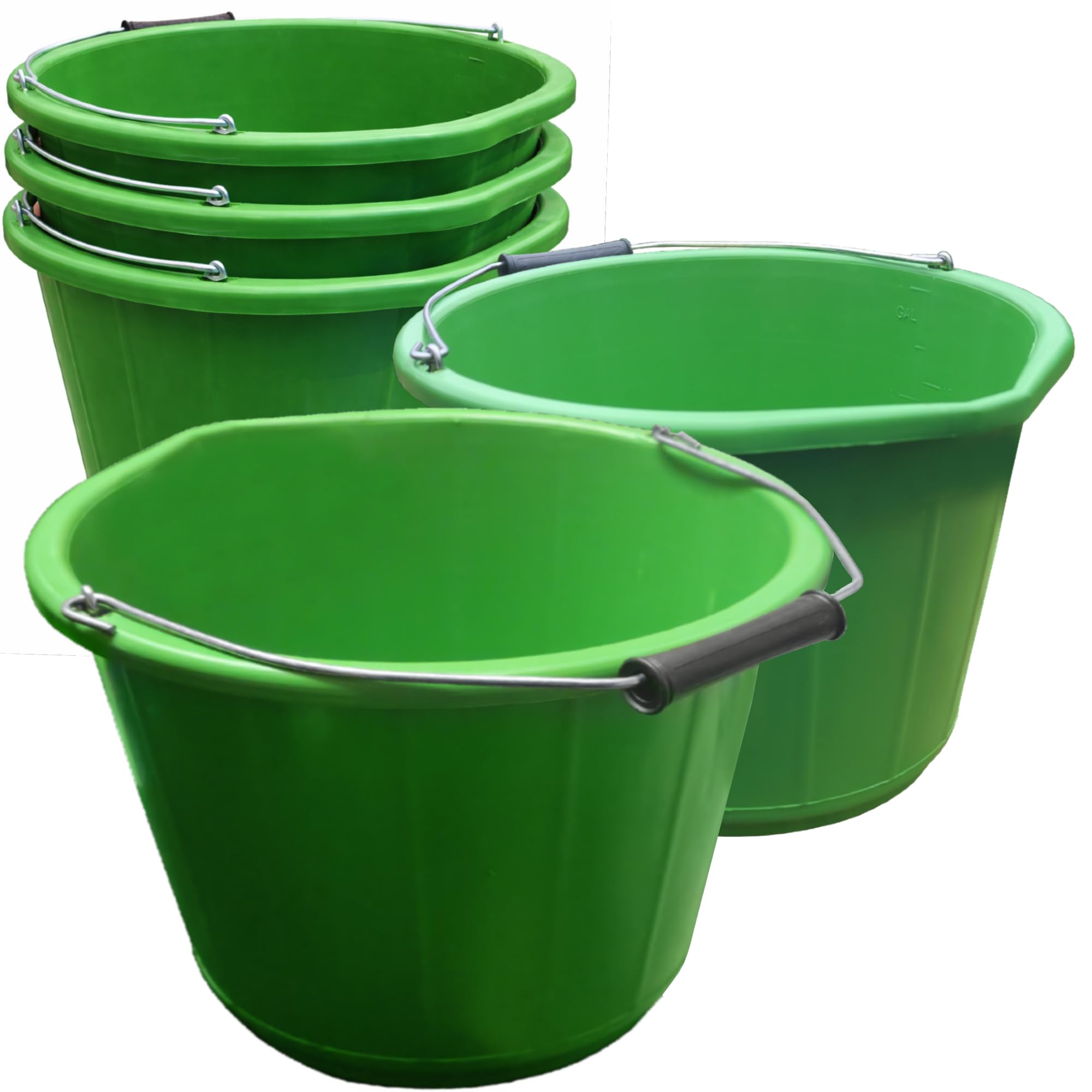 Builders Bucket 3 Gallon 14 Litre Heavy Duty Green Plastic Bucket Water Mixing Storage Strong with Handle and Spout Made in U.K. Pack of 5