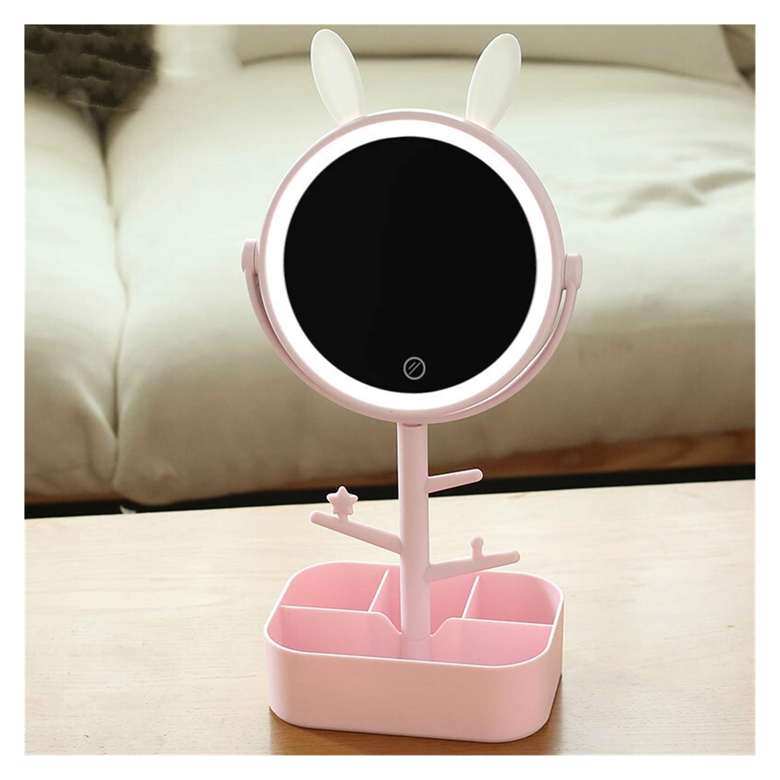 Espejo de maquillaje de escritorio, espejo giratorio con luz LED, espejo de aumento, espejo de maquillaje para mujer, luz de maquillaje con caja de almacenamiento, espejo de maquillaje