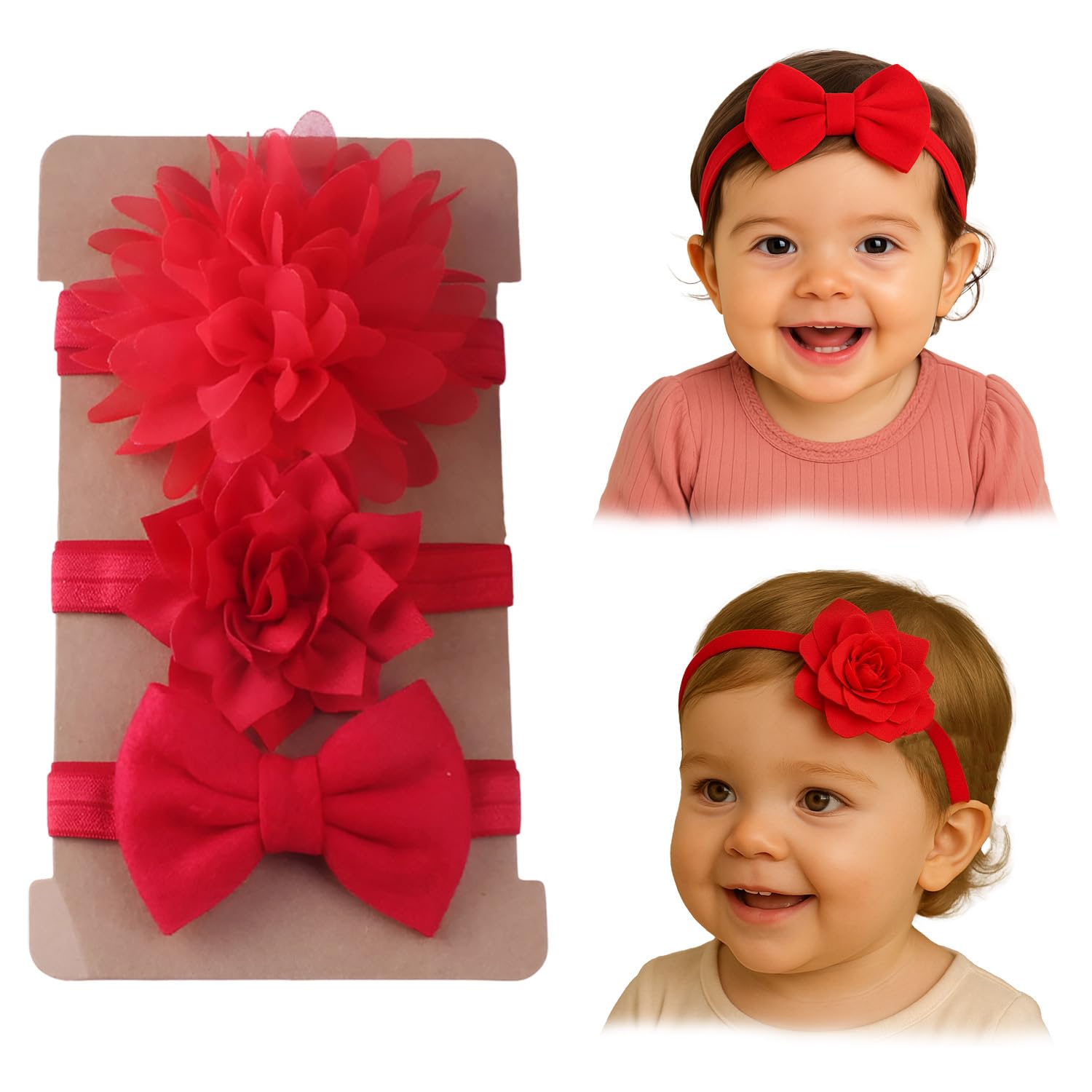 SYGA 3 Pcs Baby Headband, Flower & Bow Stretchable, Nylon HairBand for Newborn Infant Toddlers Kids 0-3 Years (Red, Free Size)-image-20
