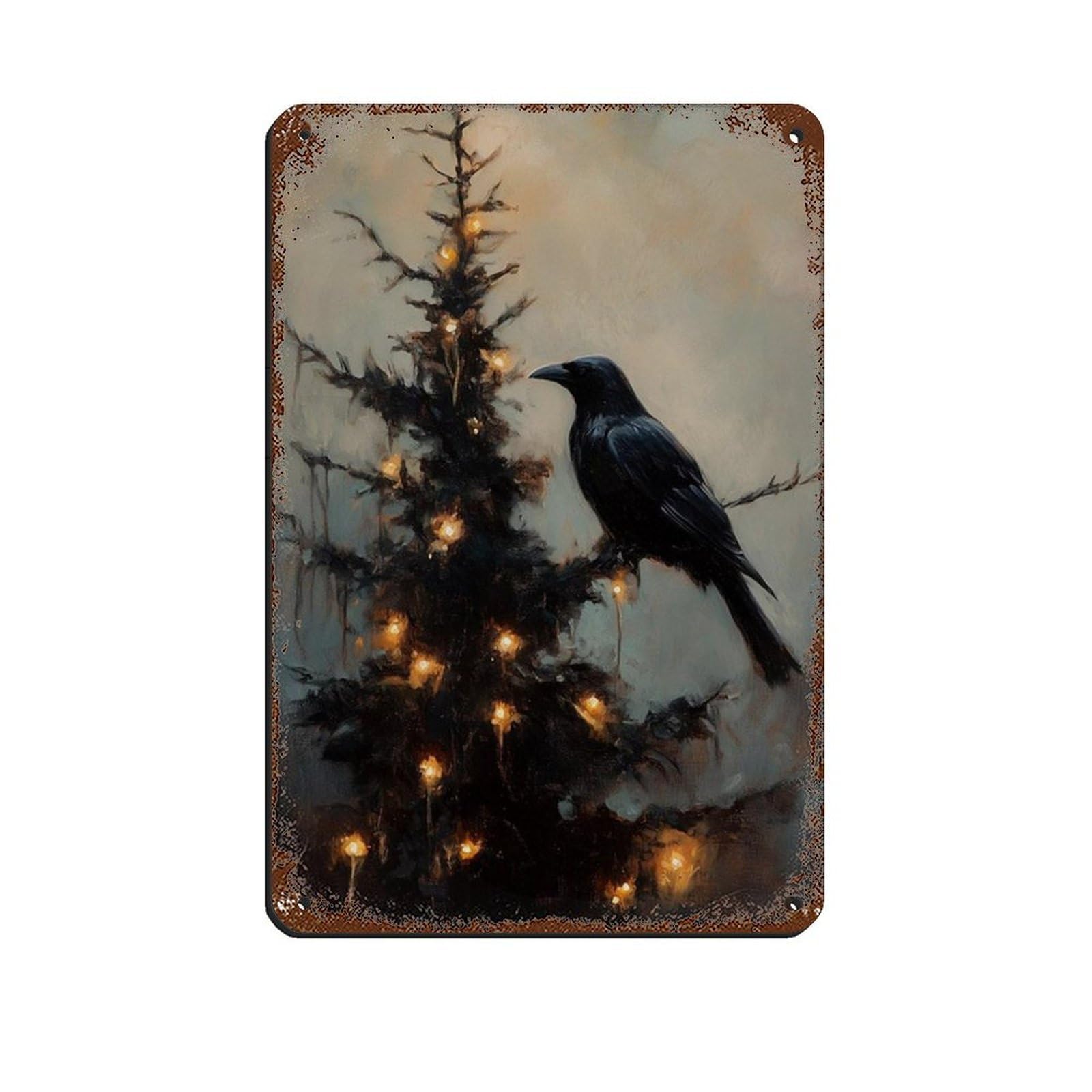 Raven on Christmas Tree Art, Gothic Crow Tin Sign Vintage Metal Pub Club Cafe Bar Home Wall Art Decoration Poster Retro 8x12inch(20x30cm)