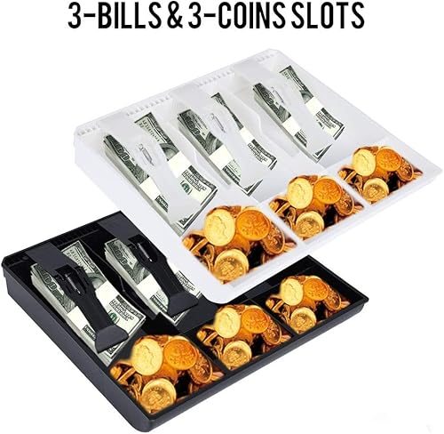 Miniatura 8 de Bandeja de plástico de repuesto para cajón, 3 billetes, 3 monedas, almacenamiento de dinero, caja fuerte, organizador de bandeja de efectivo (negro)