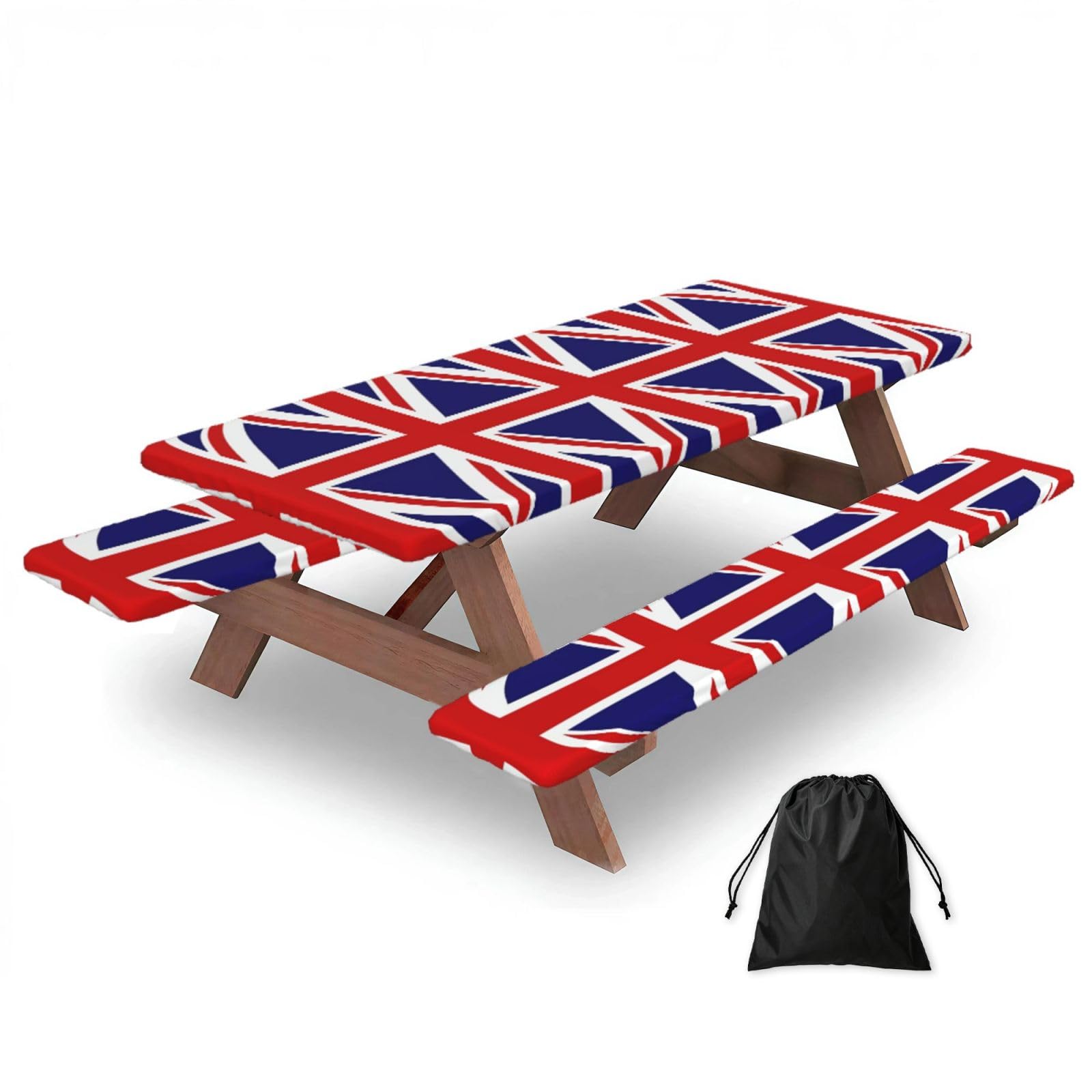 72in Camping Table Cover & Bench Covers 3-Pack Set, UK Flag Print Tablecloths, for Rectangle Tables Picnic
