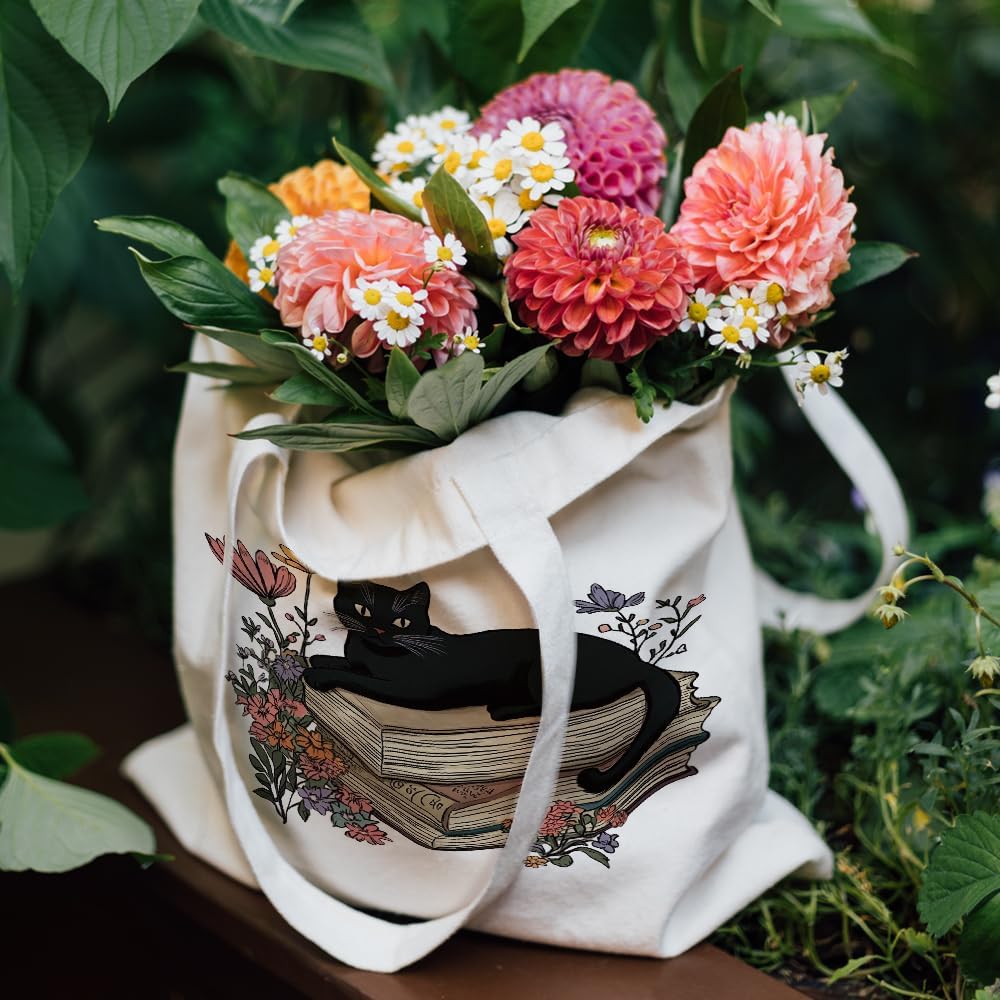 Black Cat Themed Canvas Tote Bag for Cat Lover,Cute Flower Book Totebag Gifts for Women Book Lover Reader,Library Book Bag for Librarian,Ideal Cats Gifts for Birthday Morther's Day Book Club-15 - Image 3