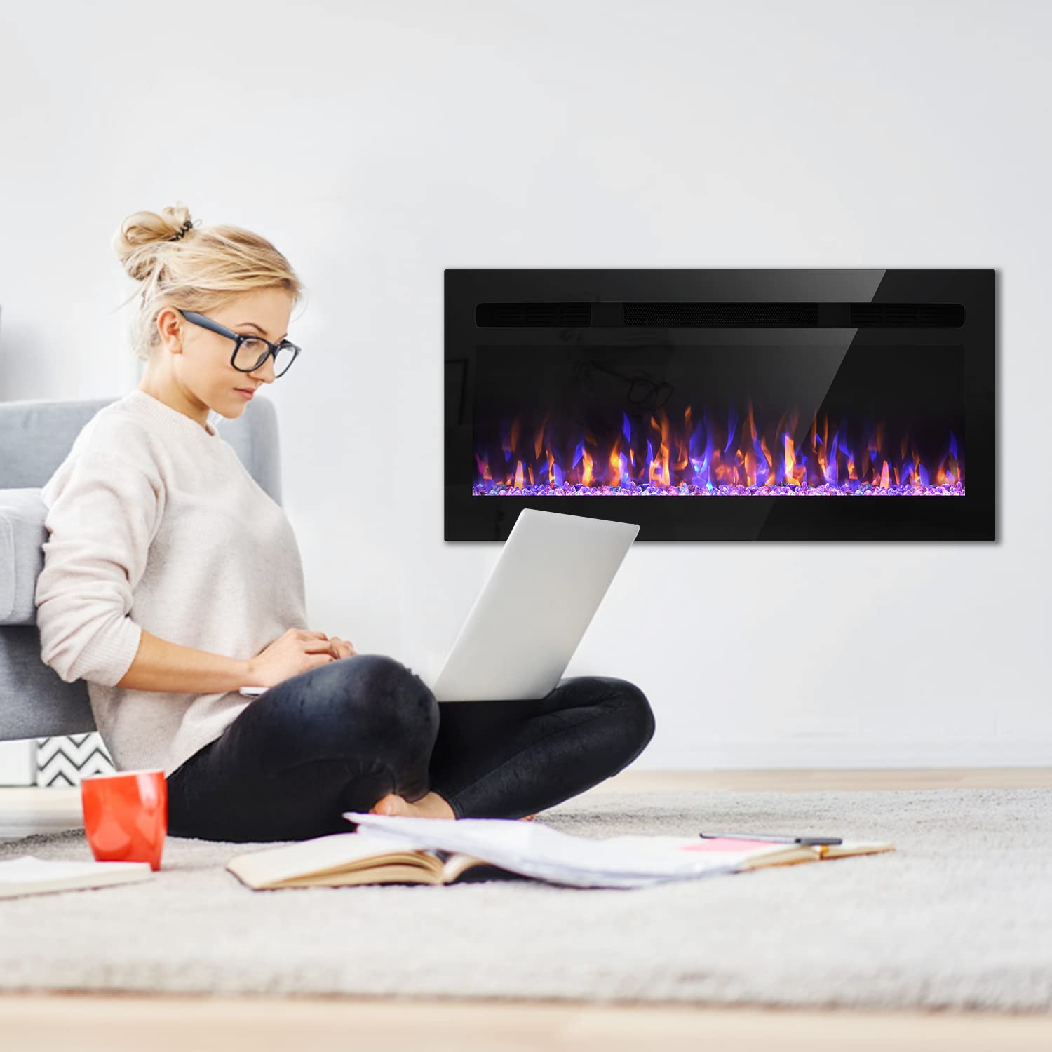 Ooiior 36 Inch Electric Fireplace, Recessed and Wall Mounted Fireplace with Remote Control, Ultra-Thin Fireplace Heater and Linear Fireplace, with Timer, Adjustable Flame Color, 750/1500W - Black