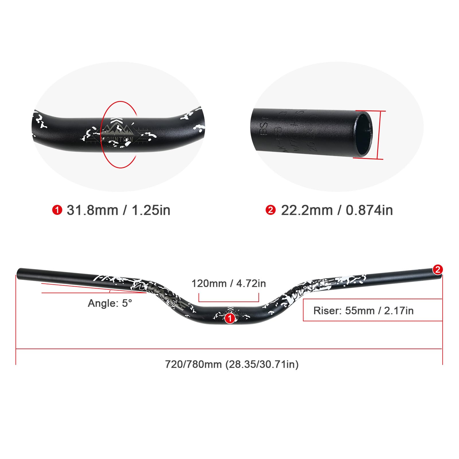 WAKE Manubrio per Bicicletta 31,8mm*720mm in Lega di Alluminio Extra Lungo Largo Manubrio bici 55mm Riser Bar per Bici da Strada Mountain Bike MTB (Nero)