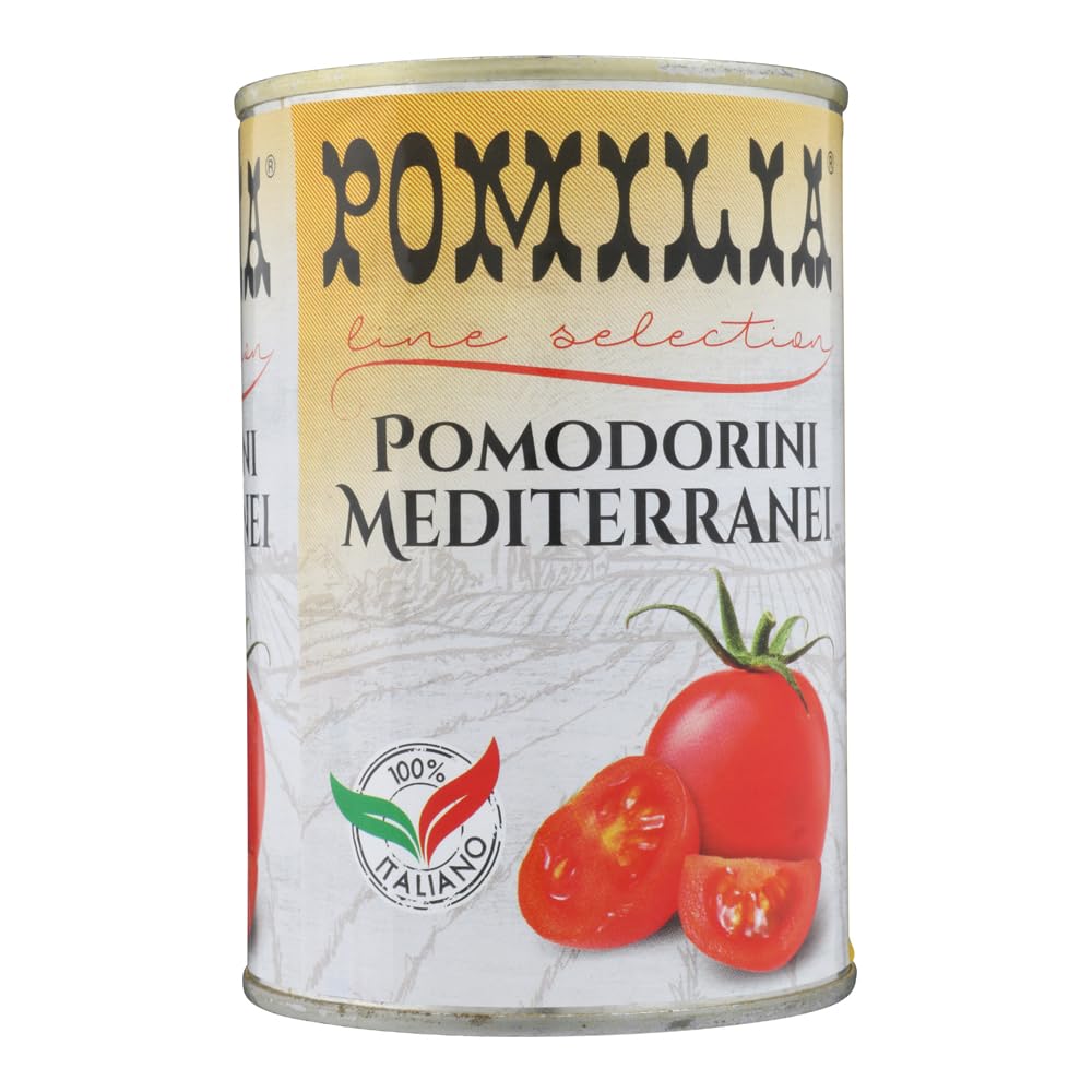 Pomilia Pomodorini Ciliegini Mediterranei Lot de 6 tomates cerises méditerranéennes 100 % tomates italiennes 400 g + boîte de 400 g