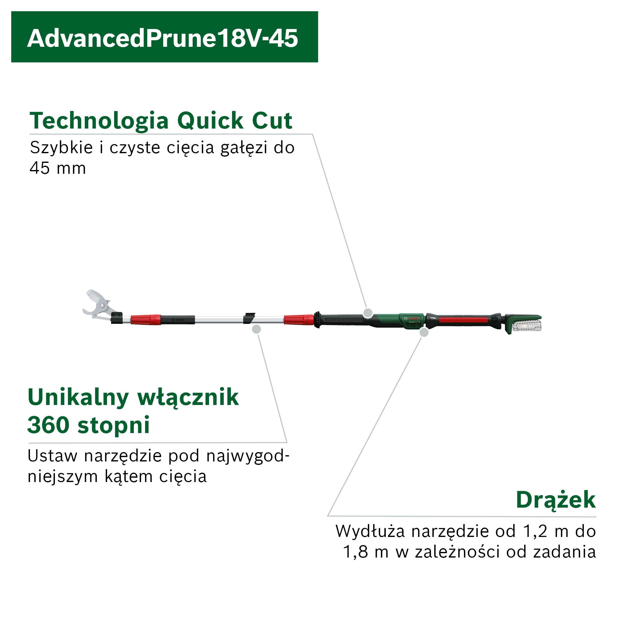 Bosch: sekator akumulatorowy AdvancedPrune 18V-45 (zapewnia łatwe cięcie gałęzi o grubości do 45 mm, system 18V, do 600 cięć, drążek, bez akumulatora i ładowarki)