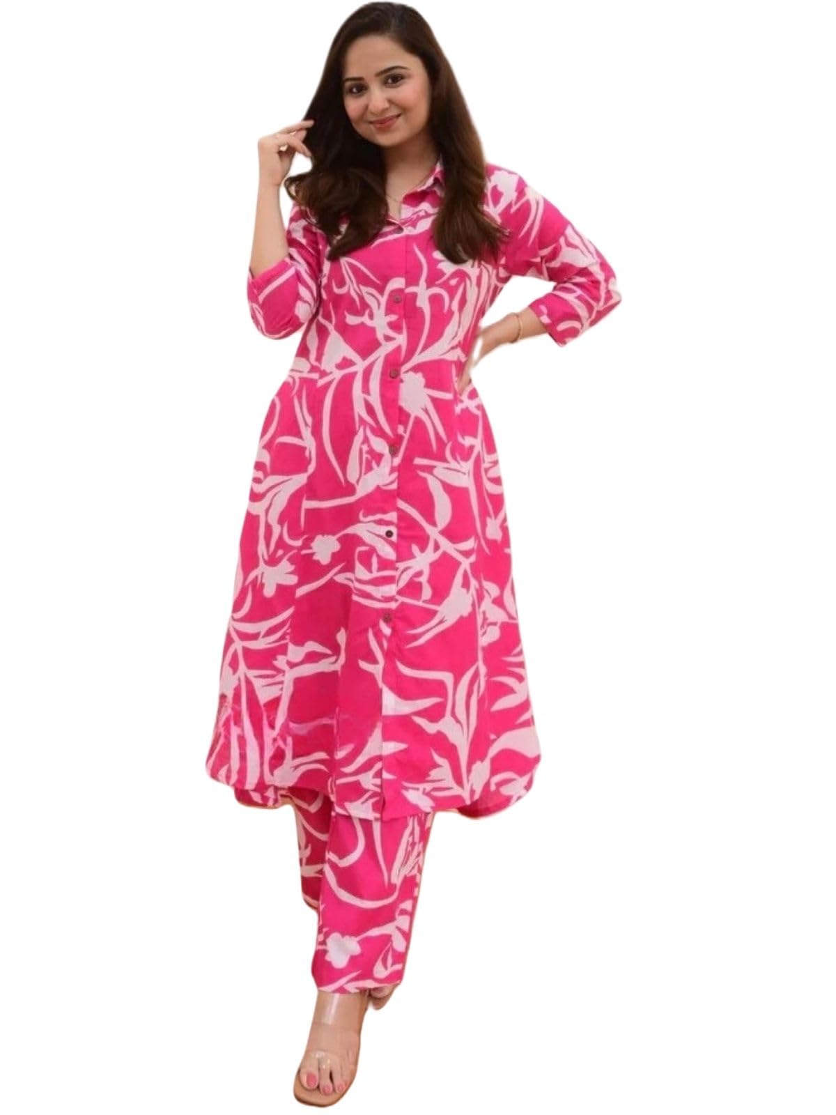 Greciilooks Rayon Regular Fit Formal Travel Floral Printed Ethnic Co-Ord Kurta Set For Women (Available In 2Xl And 3Xl) (Gl-W1814_Dark Pink_L)