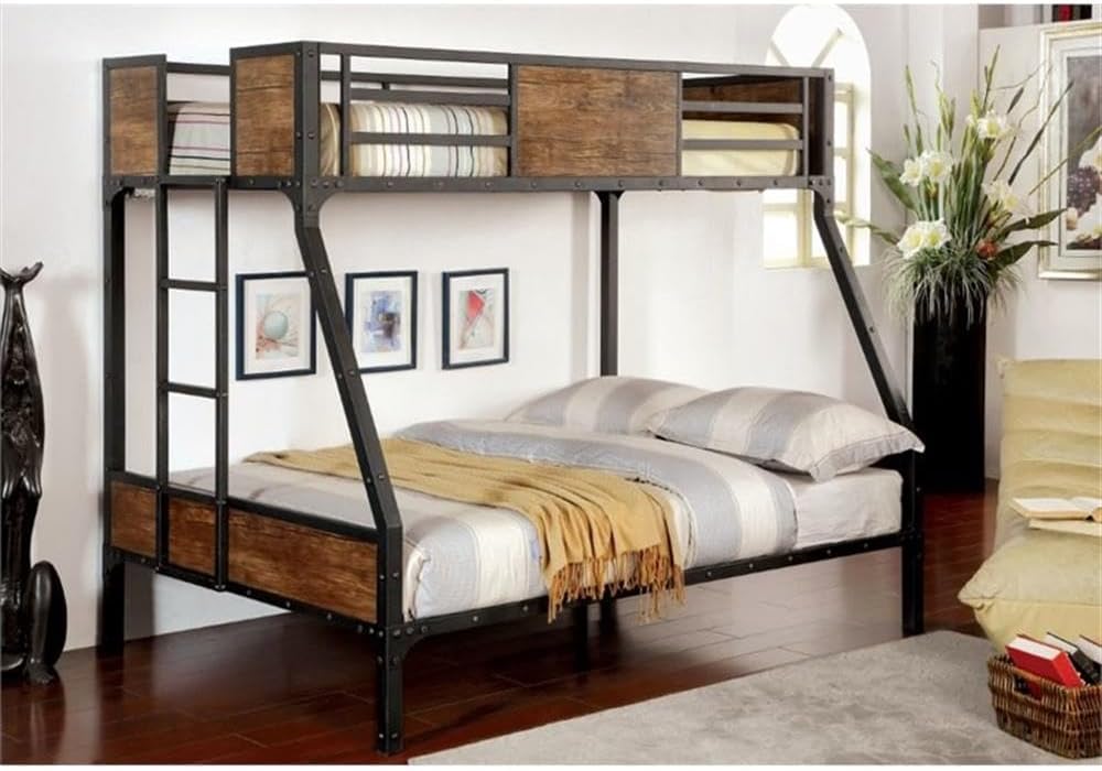 BOWERY HILL Twin Over Full Bunk Bed, Steel Metal and Wood, Black Finish, 78.38" W x 54.88" D x 66.5" H, Rustic Modern Style with Ladder, Wood Panel Accents, Space-Saving Durable Design for Kids or