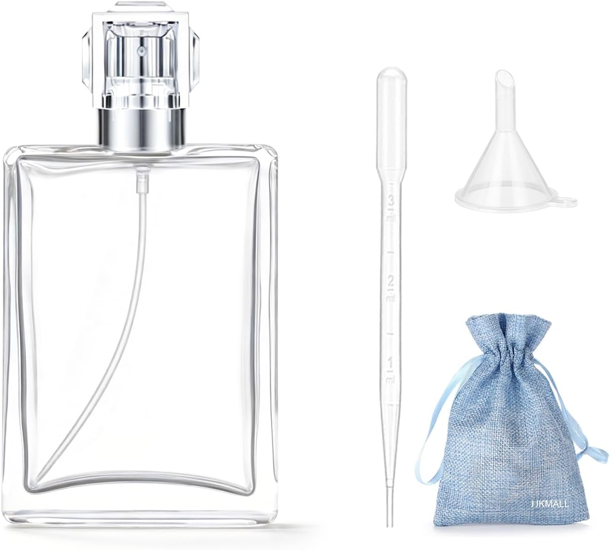 100ml 3.4oz Glass Spray Bottles for Essential Oils, Perfumes Empty Clear Mist Atomizer with Funnel, 3ml Dropper & Storage Gift Bag (1 Pack)
