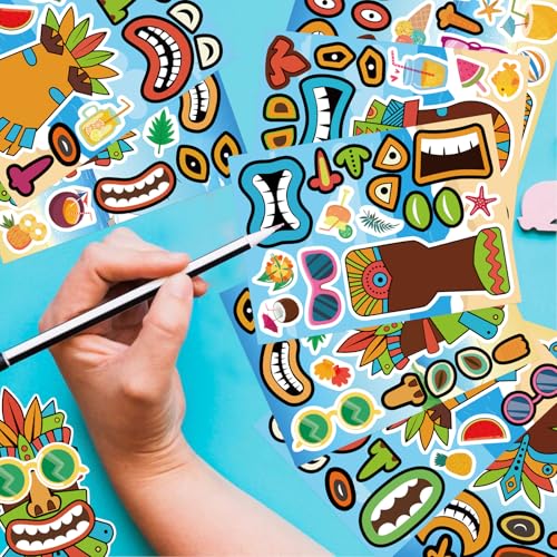 Image of Summer Stickers, Make a Tiki Face Sticker, Tropical Hawaiian Stickers | 24 Sheets Make Your Own Tiki Sticker for Kids Summer Luau Party Favors Decoration