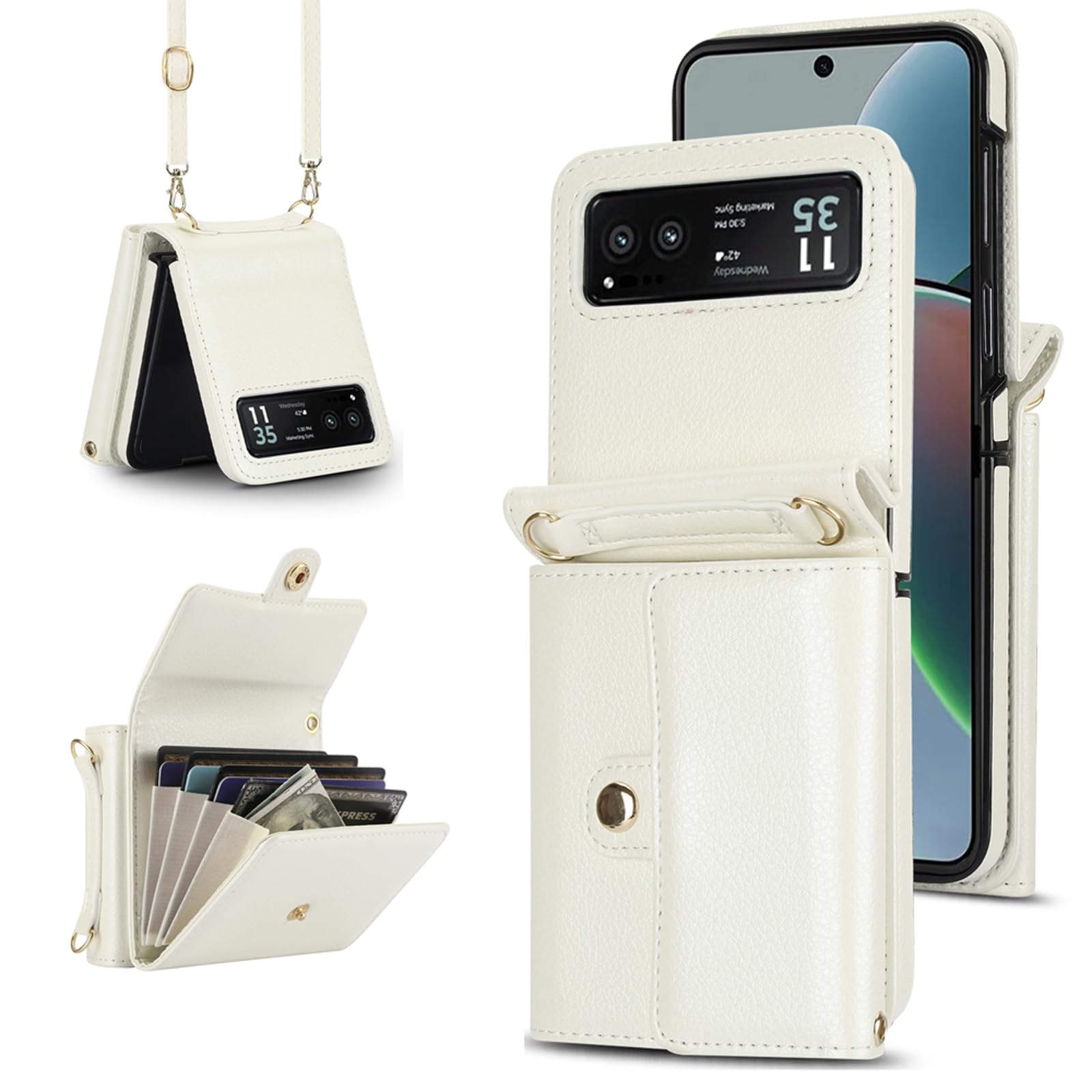 Asuwish Phone Case for Motorola Razr 40/Moto Razr 2023 Wallet Cover with Crossbody Wrist Strap Lanyard Credit Card Holder Slot Stand RFID Blocking