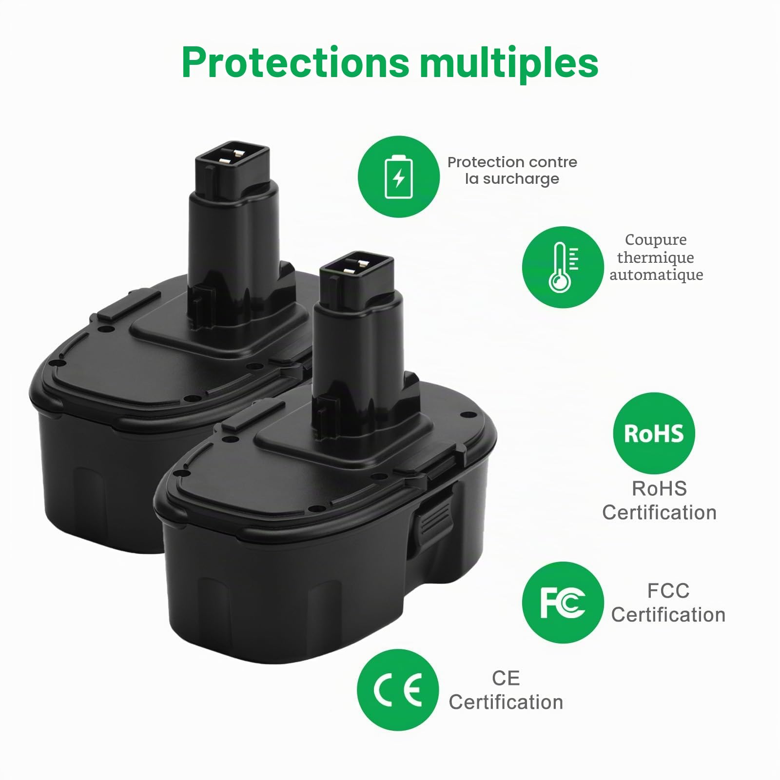 18V 4000mAh NI-MH Batterie pour Dewalt DC9096 DE9503 DE9095 DE9096 DE9093 DE9098 DW9098 DC618 DCD925 DC410 DC212 DC411B DCD760B DW056N DW987 (2 pièces)