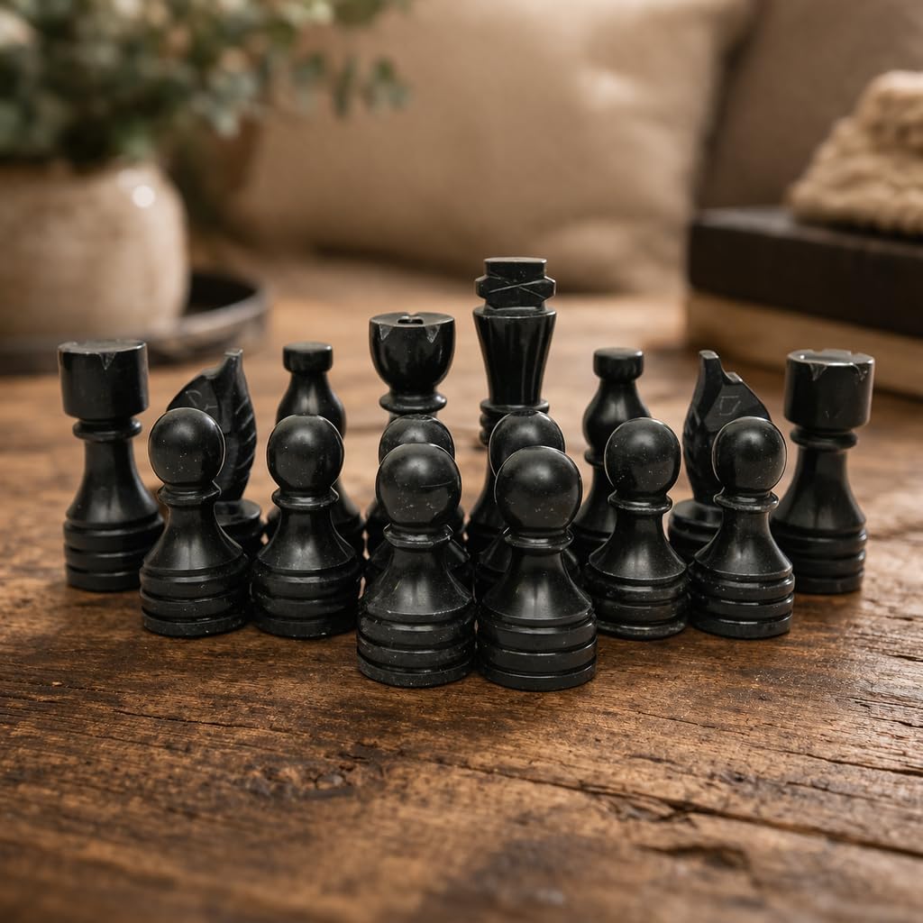 Handcrafted Premium Marble Chess Pieces Set Elegant 32-Piece Replacement for 12-15 Inch Chess Boards with Storage Box (Black and White)