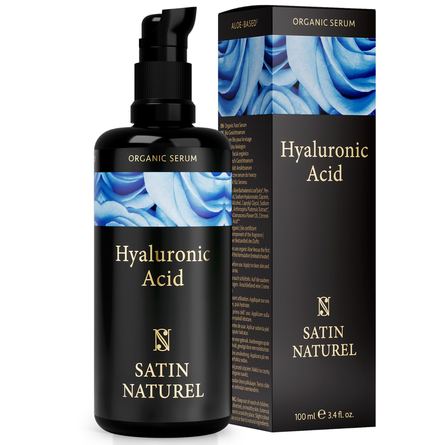 Serum Facial Acido Hialuronico Orgánico 100ml - Hidratante, Antiarrugas, Antimanchas Vegano - Piel, Cara y Contorno de Ojos - Crema Hidratante Facial Mujer - Serum Acido Hialuronico - Satin Naturel
