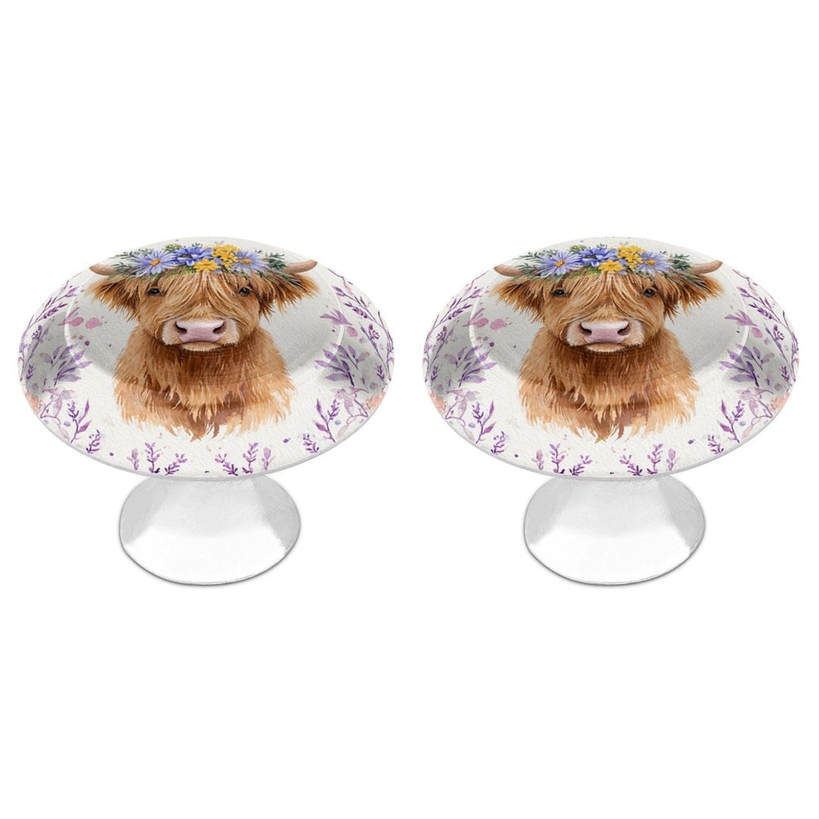 Jubonexis White Highland Cow And Pink Lavender And Purple Flowers Round Drawer Cabinet Knobs Handles With Screws,2 Pcs, Drawer Dresser Knob Pulls Decor For Wardrobe Cupboard Home Office Kitchen