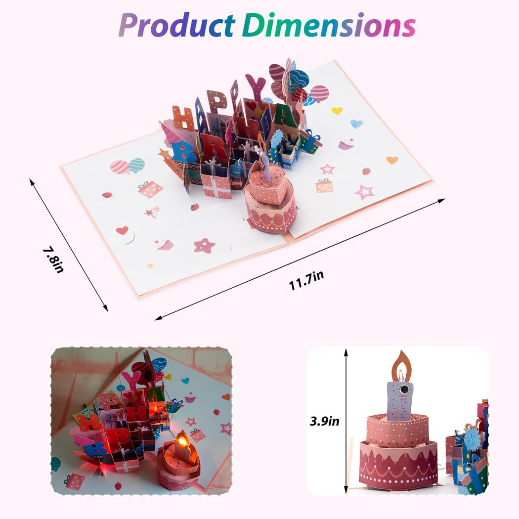 Carte d'anniversaire musicale pop-up 3D, carte d'anniversaire 3D avec lumière et bougie à souffler, musique Joyeux anniversaire, carte cadeau, enveloppe pour famille et amis