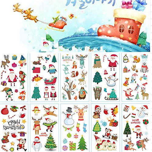10PCS Christmas Temporary Tattoo Sticker for Kids Waterproof Fake Body Art Santa Deer Snowflake Xmas Trees Holiday Decor