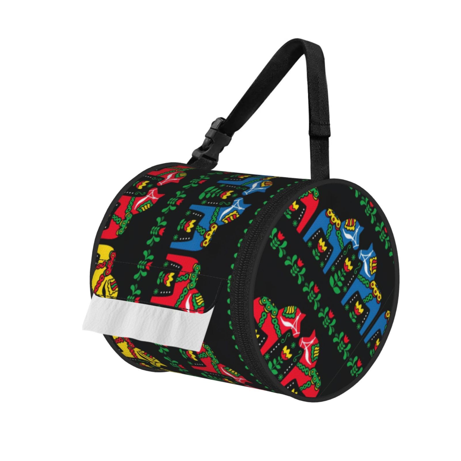 Runner Swedish Dala Horse Folk Printed Hanging Tissue Organizer, Smooth Zipper Oxford Cloth Roll Holder for RV Bathroom Desk