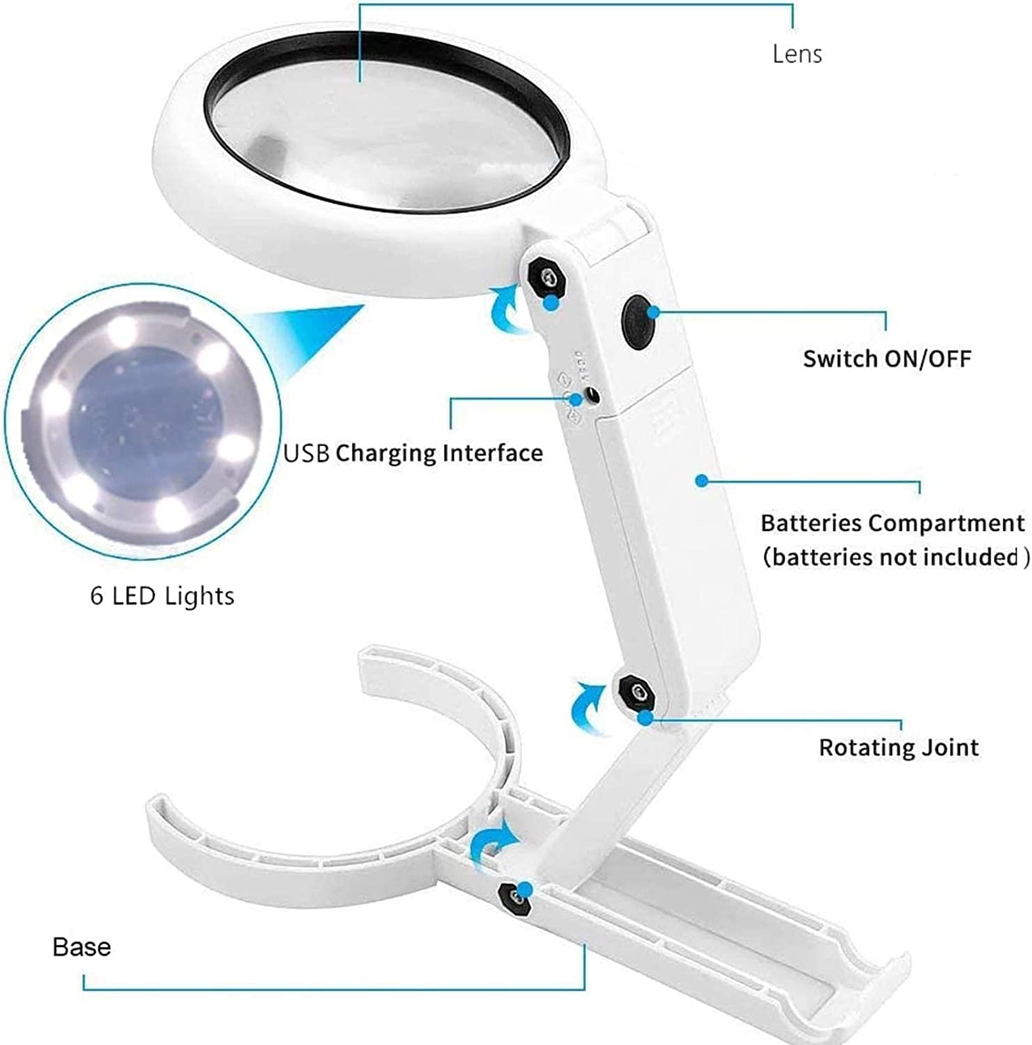 Lupa de Escritorio portátil con 6 Luces LED y Mango Plegable, Lente de Aumento Recargable 7X para Lectura, Costura, Pasatiempos, reparación de Joyas, Punto de Cruz, Manualidades.