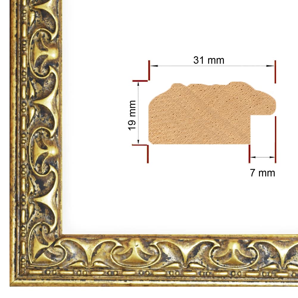 PrimeLuxe Cornice portafoto in legno massiccio, realizzata su misura, 60 x 90 cm, in oro antico, dimensioni a scelta, con vetro acrilico antiriflesso, cornice per poster, puzzle, collage fotografico