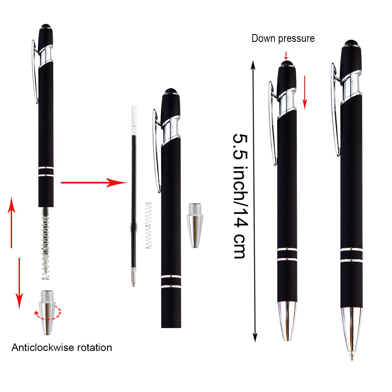 PASISIBICK 12 penne a sfera nere con stilo, 2 in 1 penna a sfera stilo in metallo, penna a sfera premium per touch screen, inchiostro nero, punta media da 1,0 mm (12 pezzi nero)