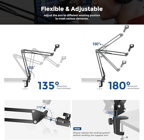Miniatura 5 de Neewer Micrófono ajustable de Suspension Boom Scissor Arm Stand soporte de micrófono compacto de acero durable para estaciones de radio estudio de