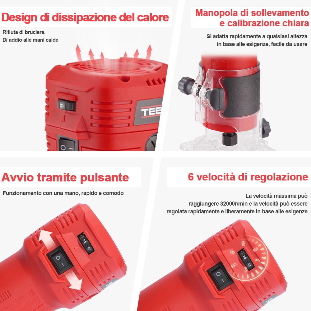 TEENO Rifilatore Fresatrice Verticale 650W 15000-32000 RPM con SCATOLA DI PLASTICA, 6 Velocità Variabili, Legno Rifilatrice Elettrica Con 12 pezzi 1/4 Fresatura Cuter e Mandrino 6.35mm