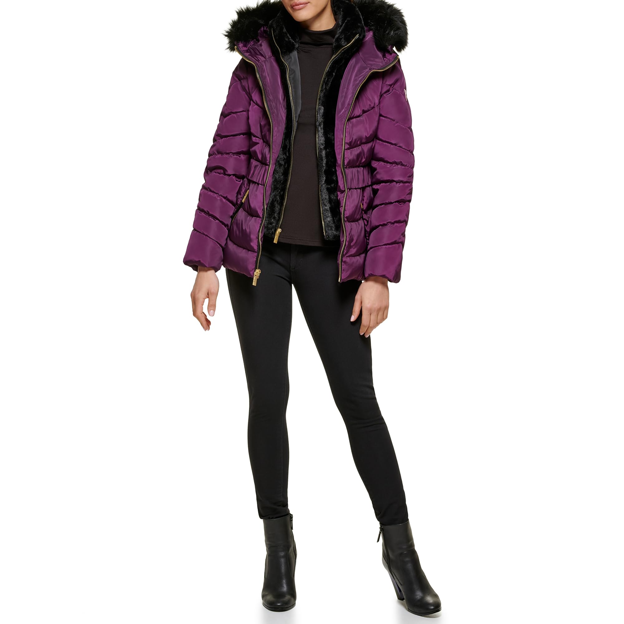 GUESS Women's Puffer Hooded Cold Weather Coat, Purple, M