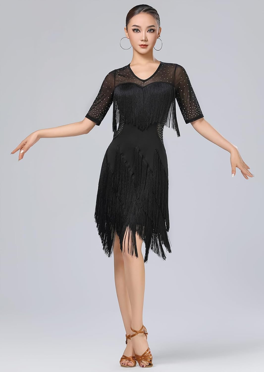Women's Latin Dance Dress Rhinestone Tulle V-Neck Irregular Fringe Ballroom Party Dancing Dress