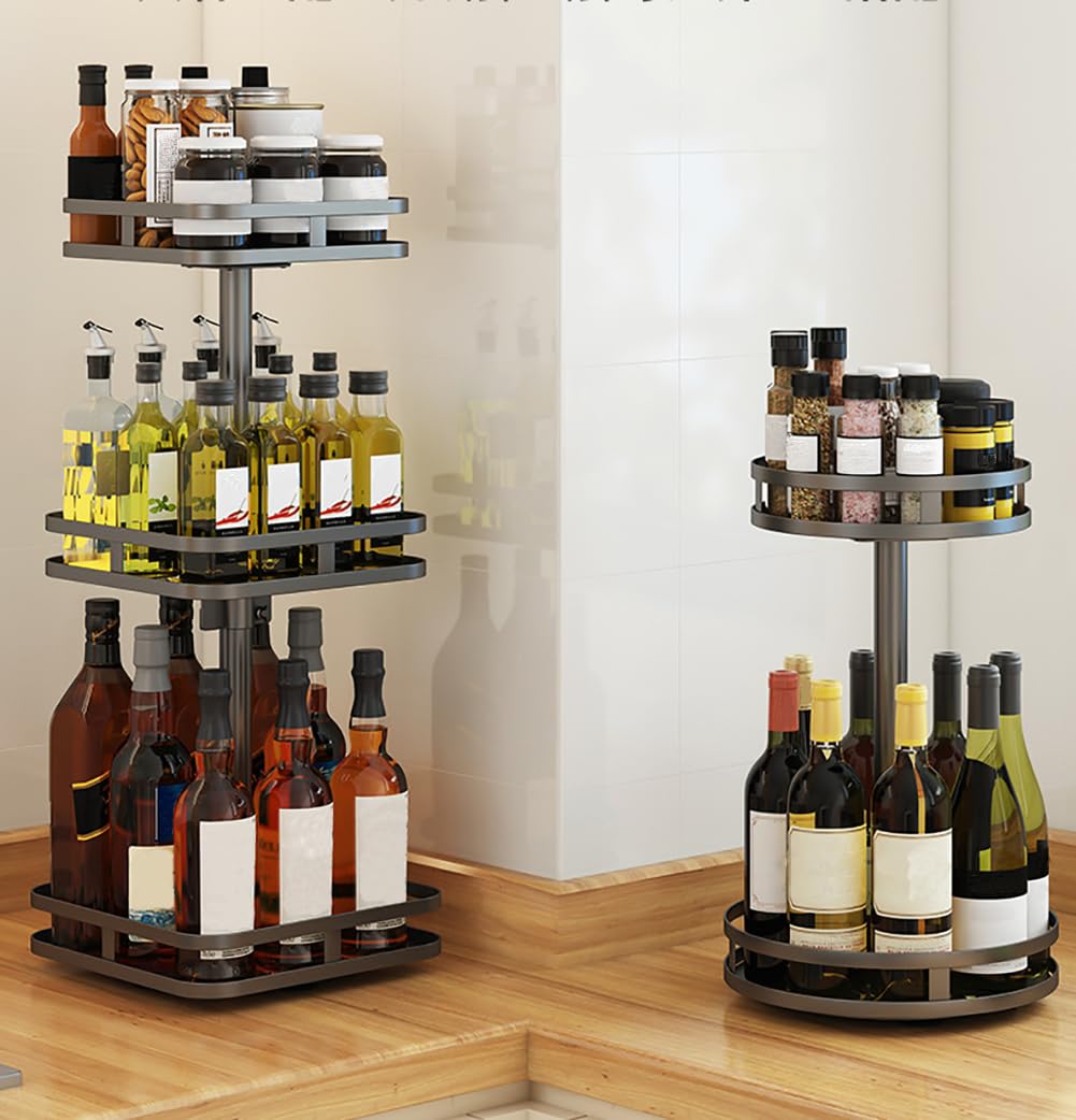 YunNasi Especiero Giratorio Organizador Especias Cocina, Cuadrado 3 Niveles | Estante para Especias de Cocina, Lazy Susan Bandeja giratoria para Encimera o Esquina, Spice Rack Metálico, Negro