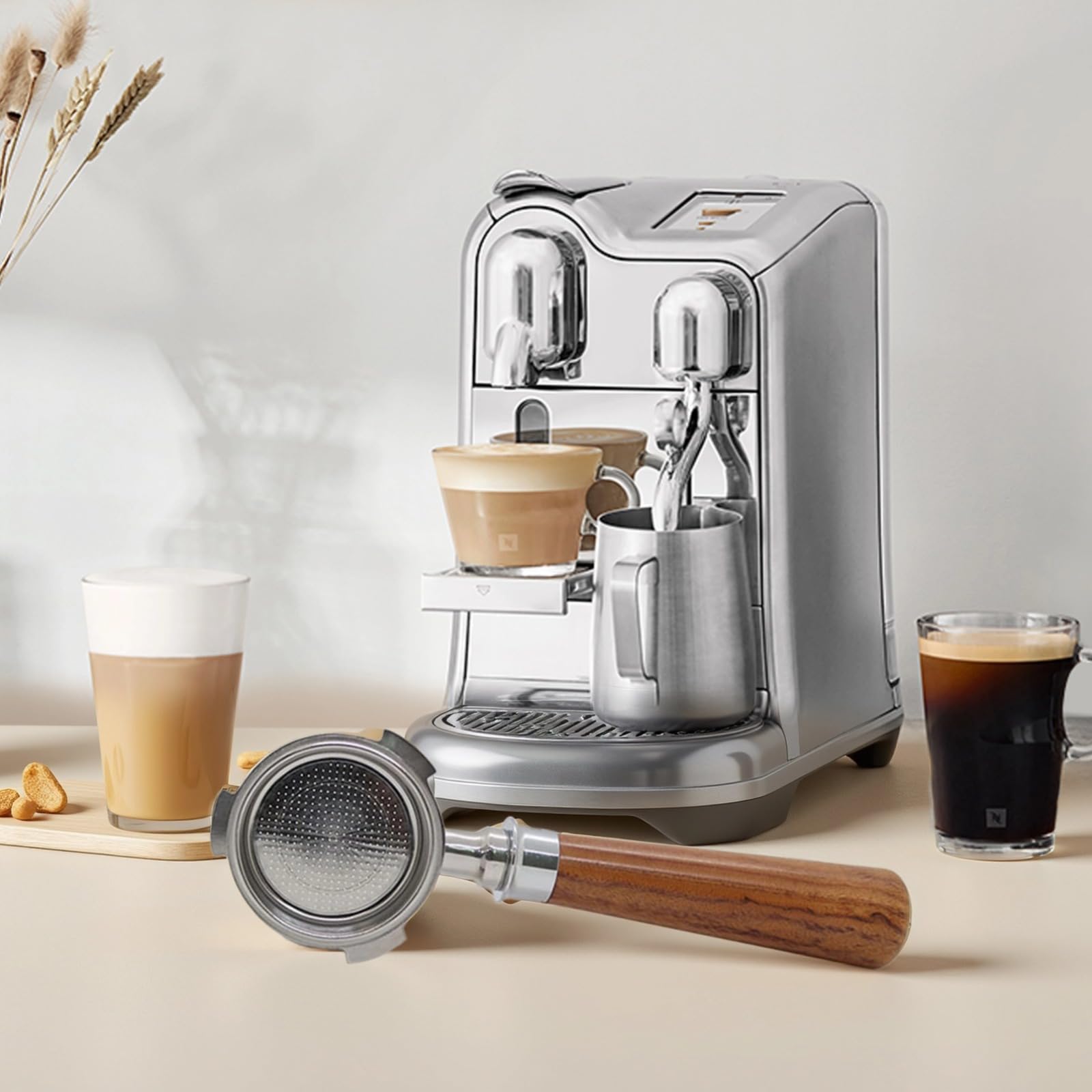 Portafiltro senza fondo da 2 in / 5,1 cm, 3 orecchie, per macchine da caffè DeL0nghi, manico in acciaio inox, legno di sandalo rosso, adatto per cestello filtrante senza fondo, ideale per baristi