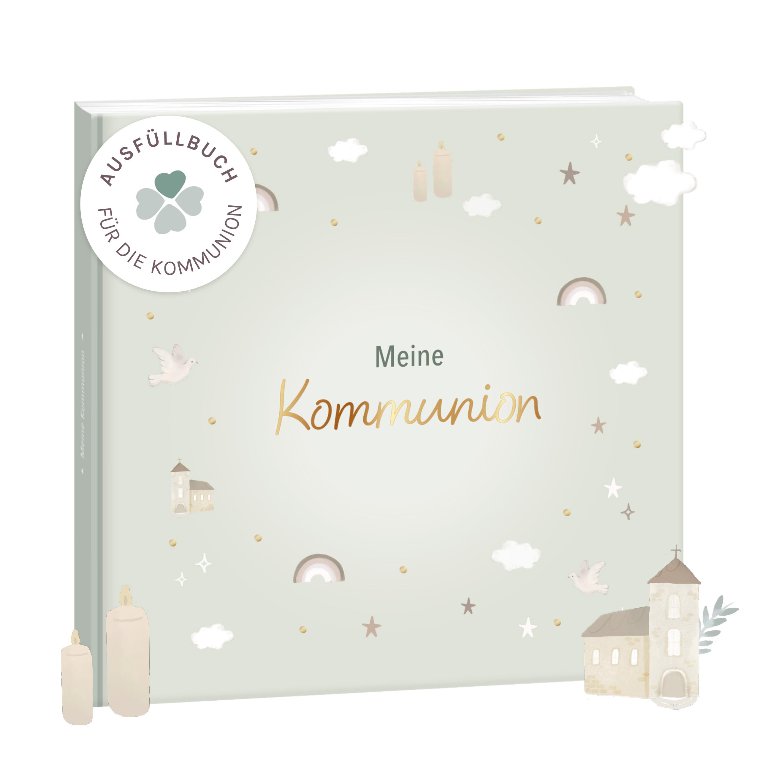 mintkind® Erinnerungsalbum Kommunion Meine Kommunion Kommunionsalbum zum Ausfüllen salbeigrünes Pattern Erinnerungsalbum Kommunion mit Platz für Fotos Wünsche Zeichnungen 60 Seiten Hardcover