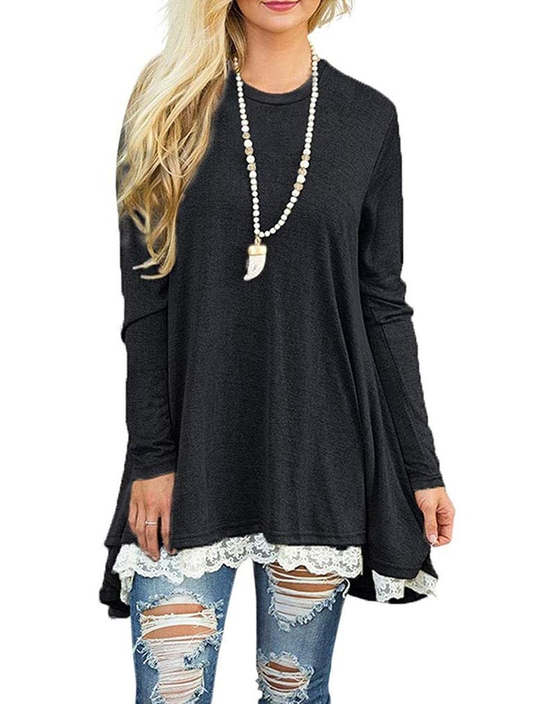 PoetskyWomen's Long Sleeve Solid Color Tunic Tops Layered Chiffon Hem Casual Loose Blouse Shirts