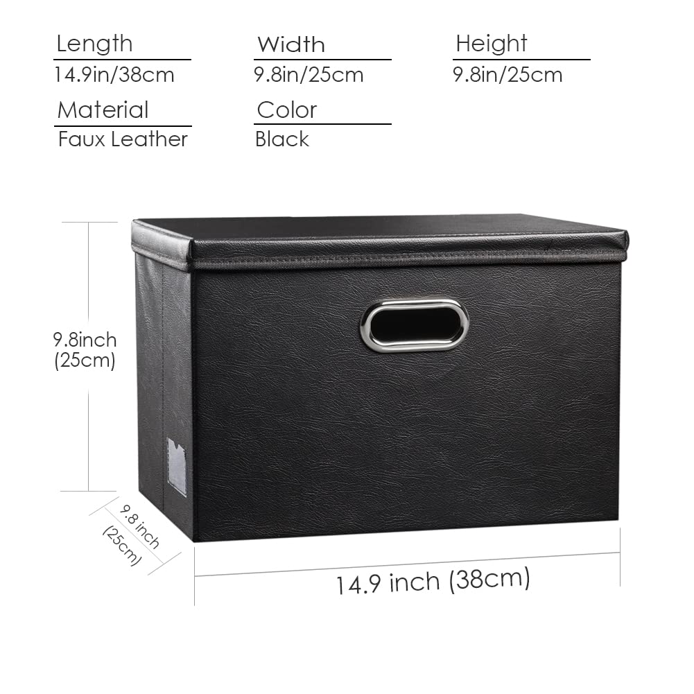 PRANDOM Aufbewahrungsbox mit Deckel Mittel,Schwarz(3-stück) 38x25x25cm | Lederstoff,Faltbarer,Stapelbar,Mit Griff,Dekorative boxen,Mit Etikettentasche,Ordnung und Aufbewahrung,für Schrank, Büro