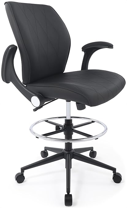 Ergonomic Mid-Back Leather Adjustable Drafting Chair with Flip-up Arms and Foot Ring, Standing-Desk Matched Tall Swivel Computer Office Stool, Black