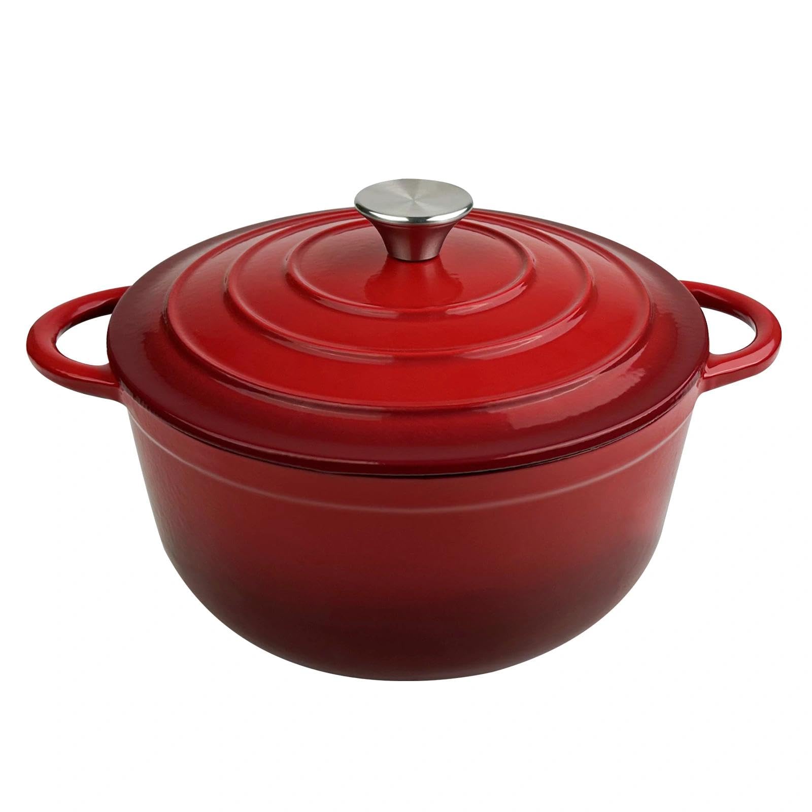 Chiluxendo 25 cm Pentola in Ghisa, Casseruola con Coperchio, Casseruola Smaltata per Adatta a Tutti i Piani Cottura, Cocotte in Ghisa per Stufato e Arrosti Lenti(Rossa)