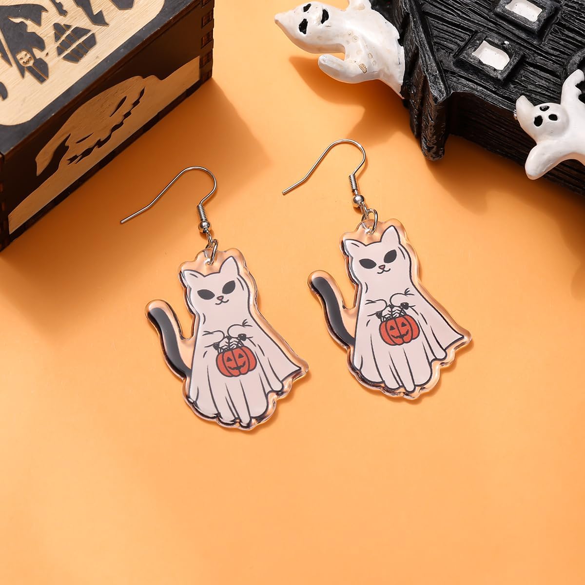 Halloween Cat Earrings for Women - Spooky Cute Ghost Cat Pumpkin Dangle Jewelry, Fun Halloween Outfit Accessories Gifts - Image 4
