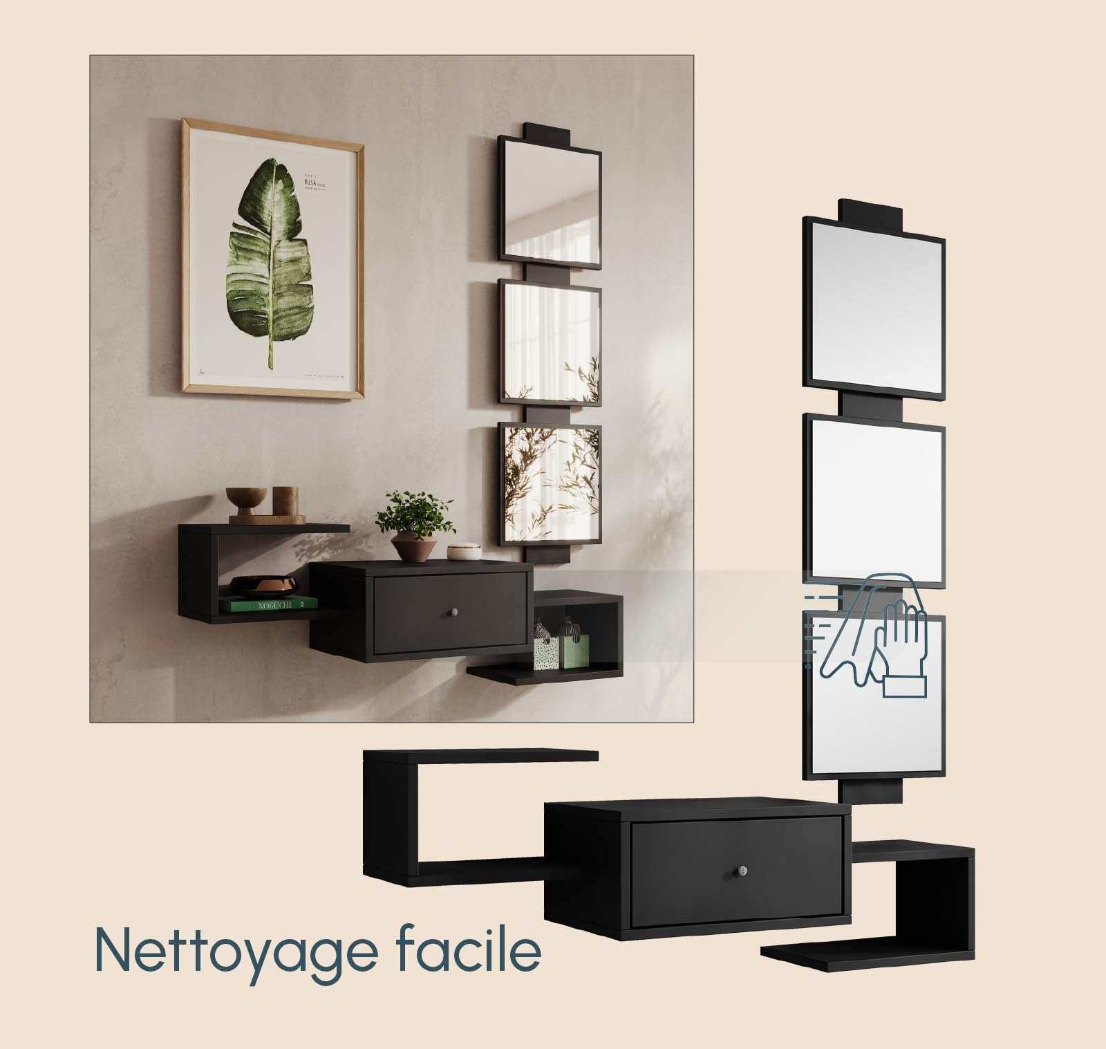 MB Muebles Bonitos, Meuble d’Entrée Mural Neo avec Miroir et Tiroir, Design Moderne Suspendu, Mélamine Mate, Couleur Noir, 99.5x145x29.5 cm