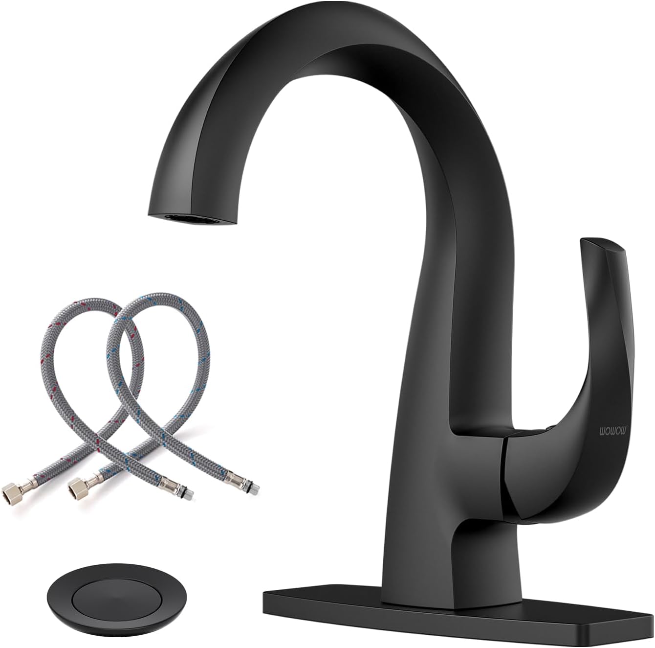 WOWOW Single Handle Bathroom Faucet, Matte Black, 1 Hole, High Arc, Pop Up Drain, Solid Brass, Easy Installation, 5 Year Warranty