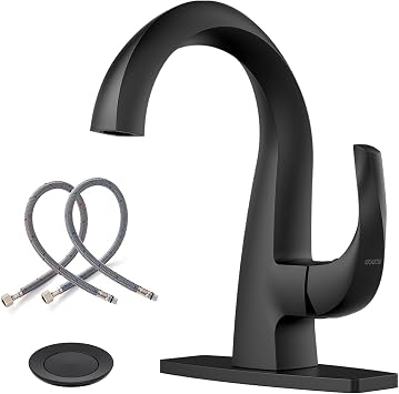 WOWOW Single Handle Bathroom Faucet, Matte Black, 1 Hole, High Arc, Pop Up Drain, Solid Brass, Easy Installation,