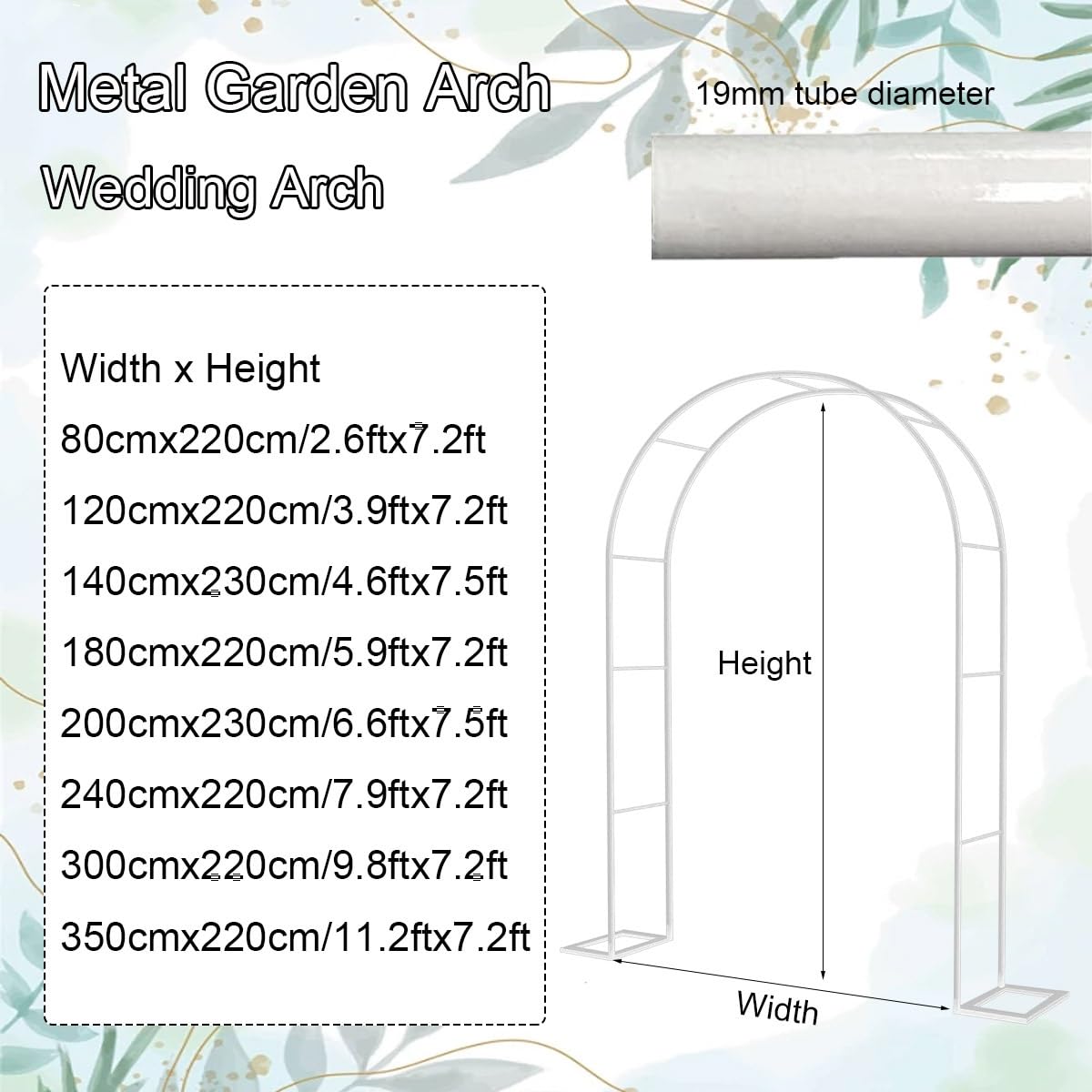 Arco da giardino in metallo, traliccio per matrimonio, regolabile, dimensioni da 80 cm a 350 cm, resistente, supporto per piante da esterno, elegante arco per rose per giardino, 1,2 x 2,2 m