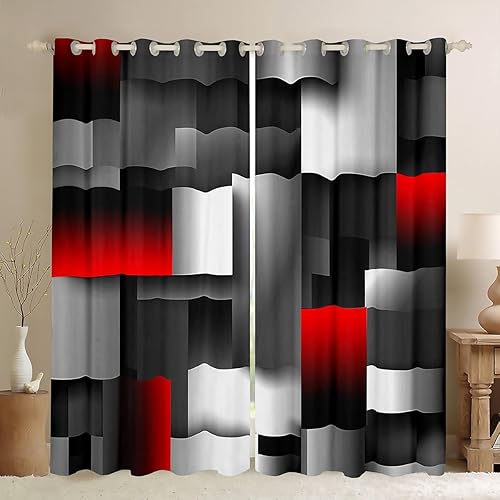 Miniatura 10 de Cortinas cuadradas grises, negras, rojas, blancas, con cuadrícula geométrica para niños, niñas, adolescentes, cortinas de tratamiento de ventanas