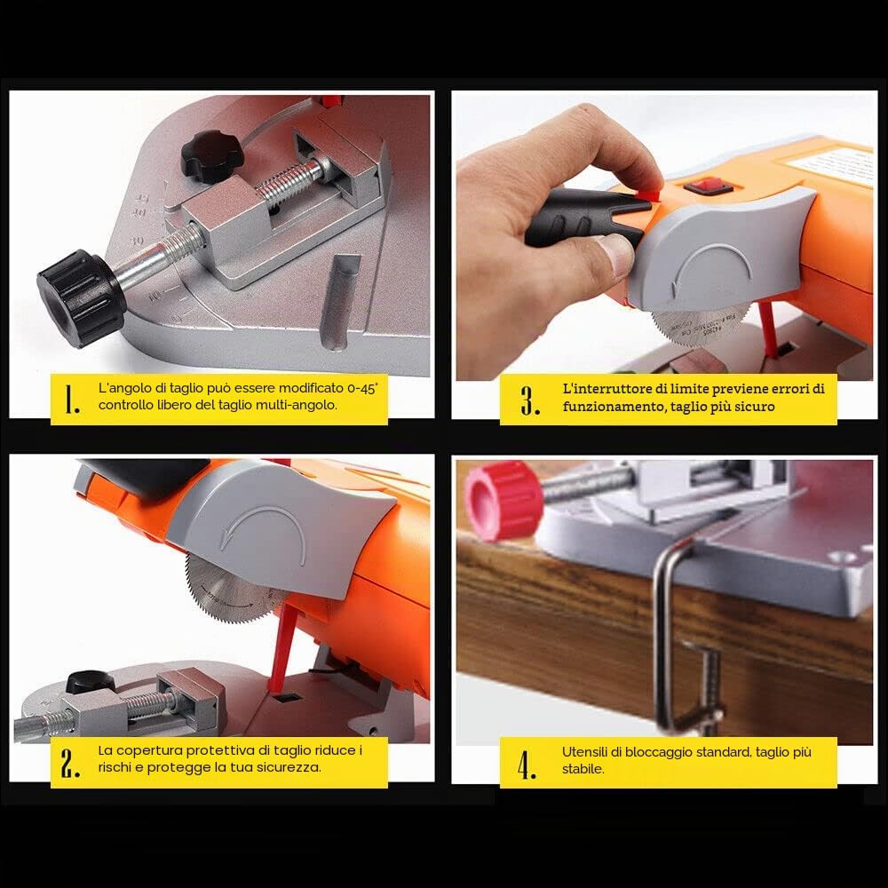 Mini Sega Troncatrice da Tavolo, 7800R/min, Acciaio, Ottone, Legno, 0-45°, Regolabile, per Legno, Zinco, Alluminio, ecc.
