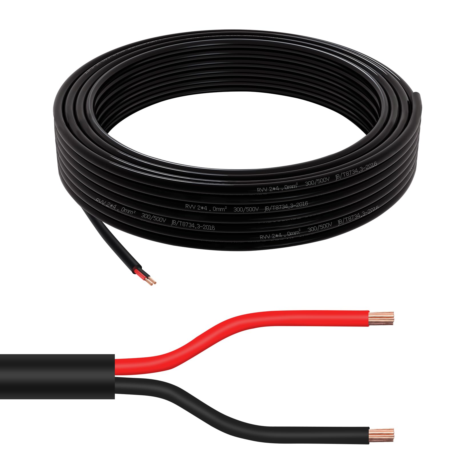 AOHEWEI Câble rond 2×4,0mm² 2 conducteurs en cuivre pour applications électriques 5V 12V 24V 60V, Câble automobile et bateau fin rouge/noir 5/10/20/50 mètres